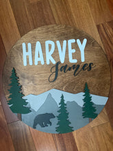 Load image into Gallery viewer, Round Nursery Sign - Mountain Theme
