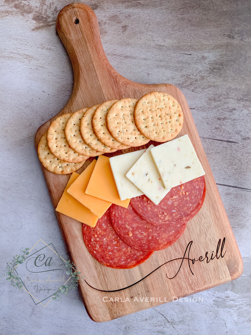 Engraved Paddle Handle Charcuterie Board with Last Name