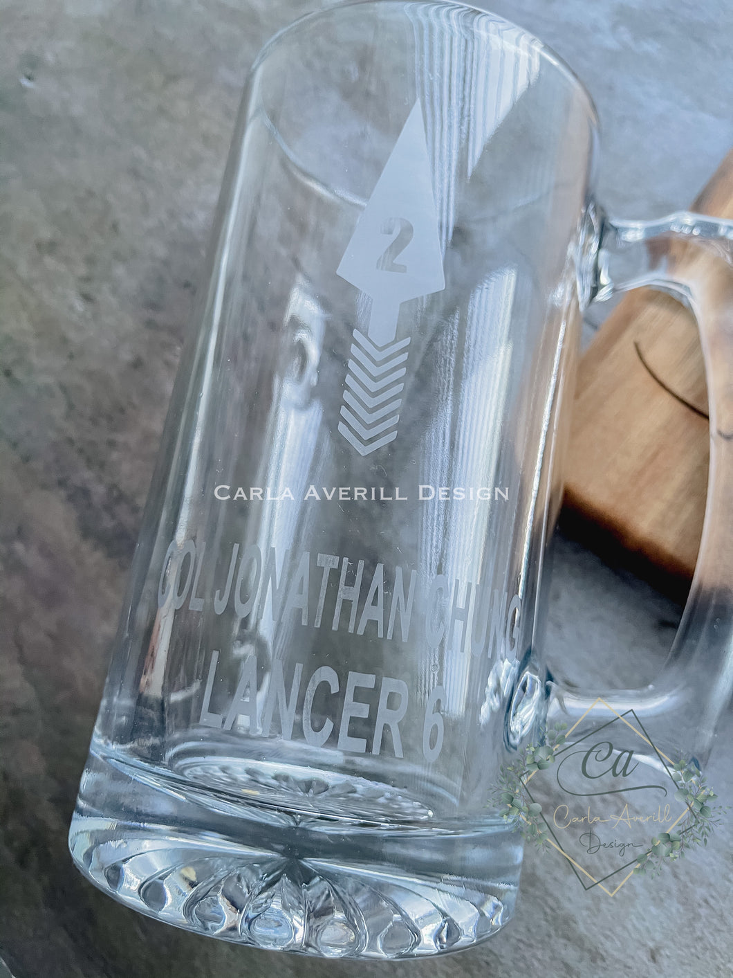Etched Glass Beer Stein with Military Crest