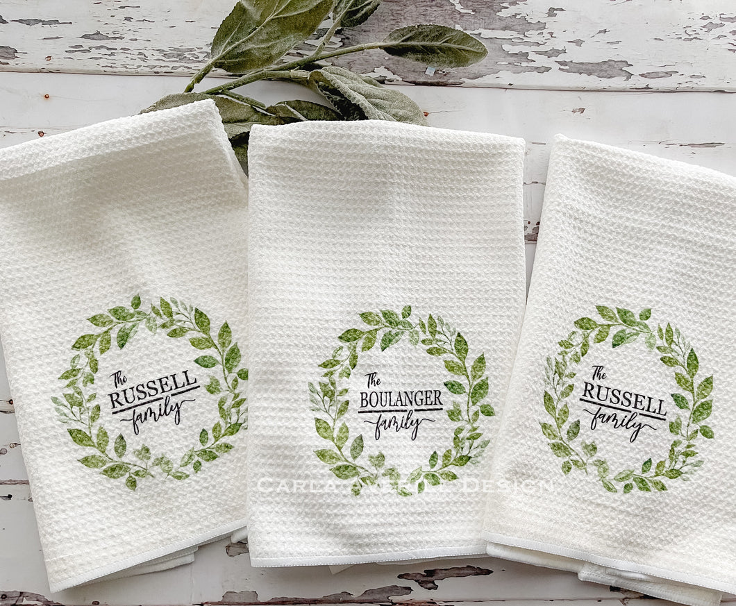 Personalized Kitchen Towel with Wreath Design