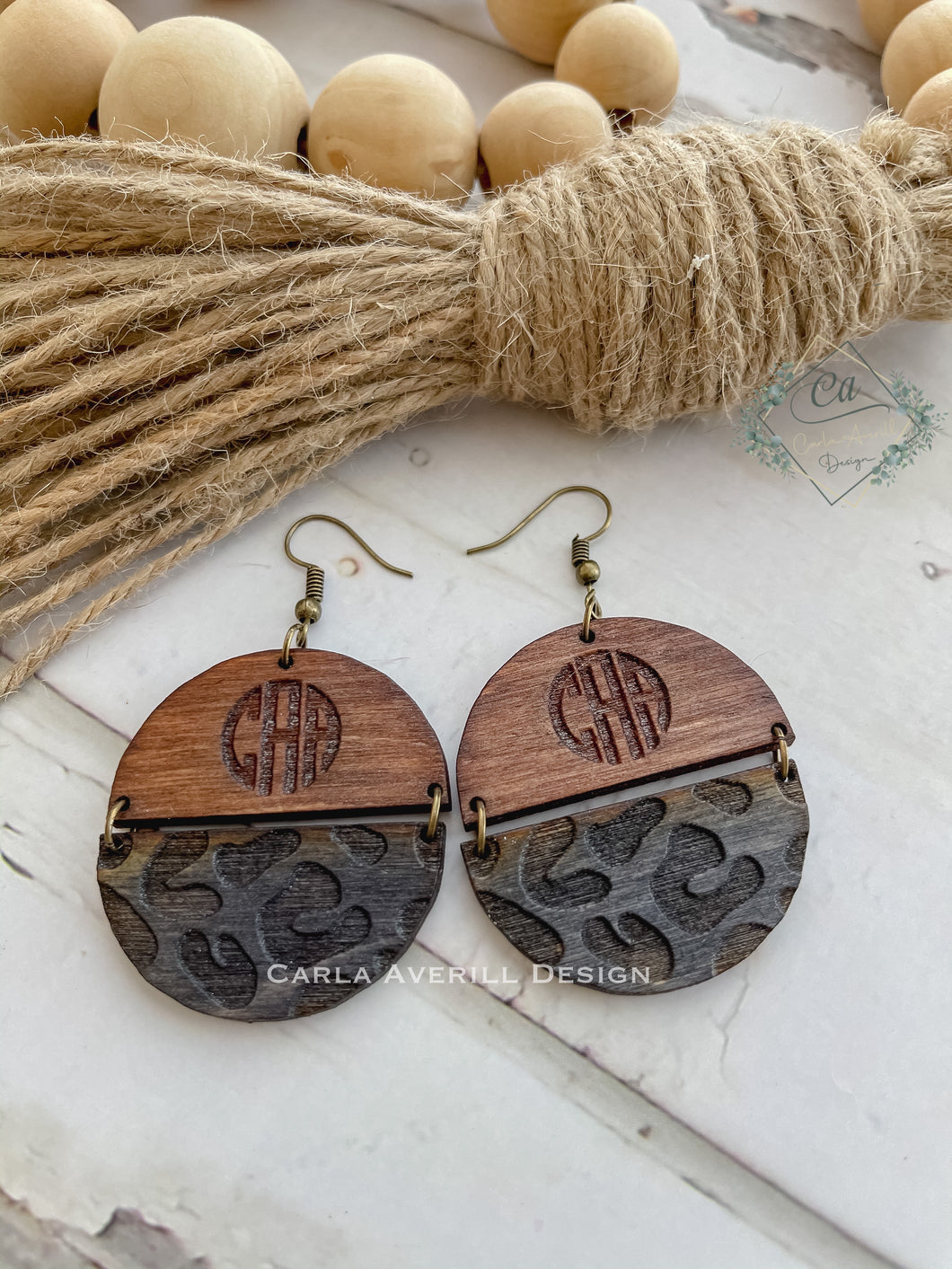 Monogrammed Wood Engraved Leopard Earrings
